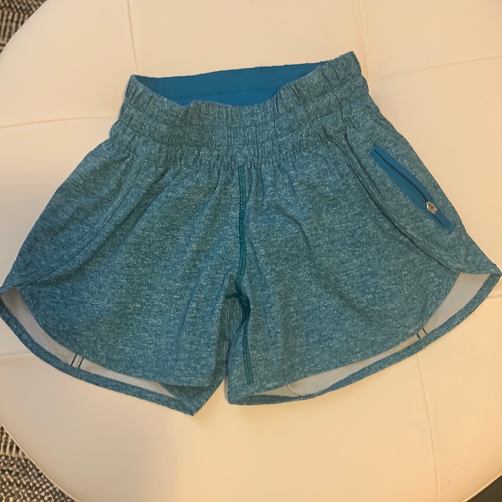 Lululemon, 4 inch tracker shorts, size 0, Heather blue/green
